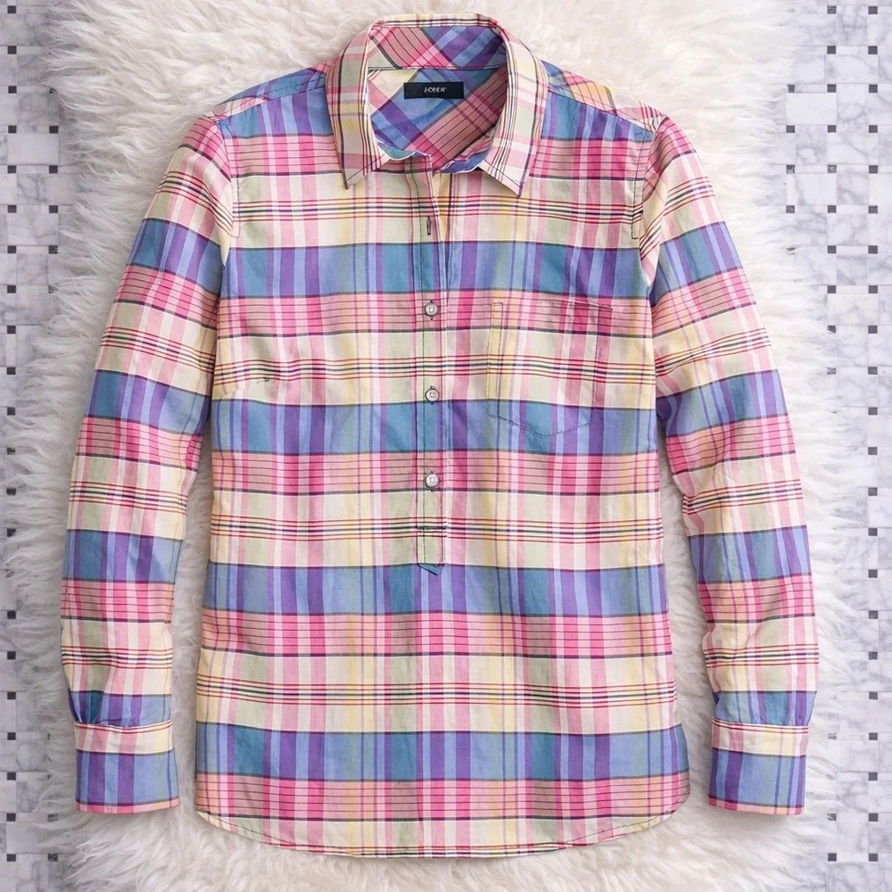 J.Crew Classic Popover Shirt Plaid Cotton Silk NWT